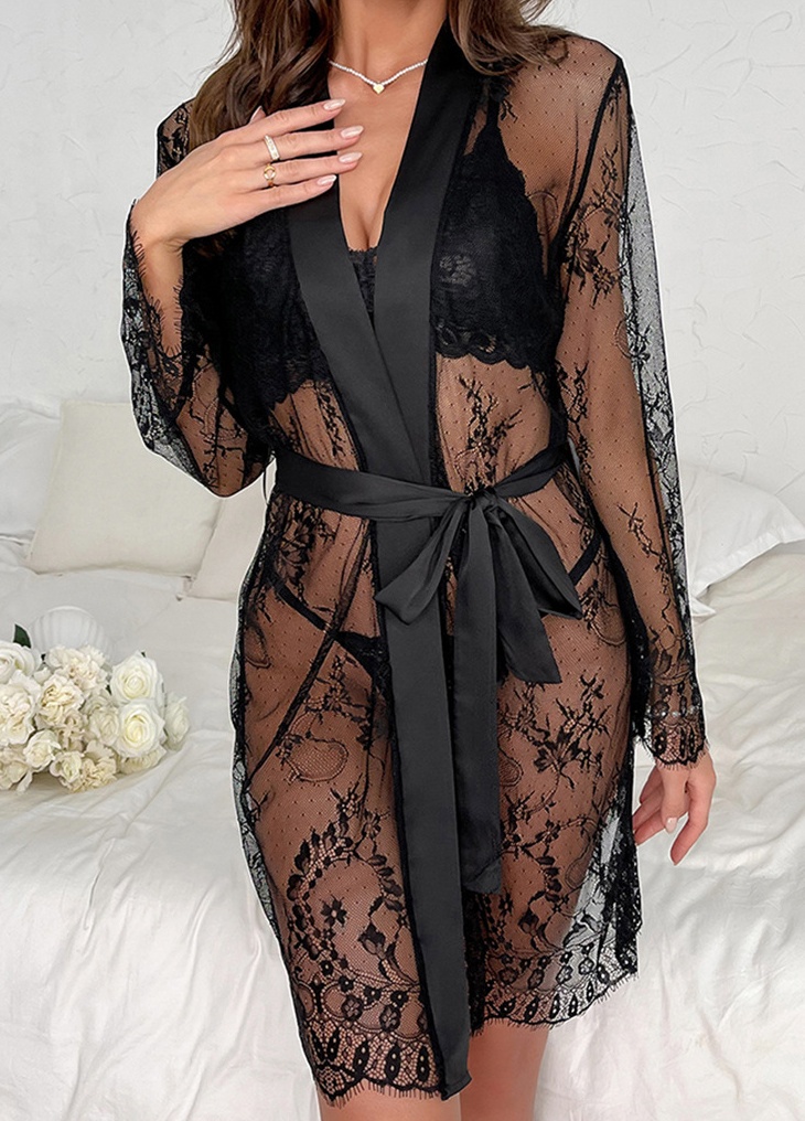 Sexy Mesh Robe For Women Featuring Lace Trim Perfect For Lounging At Home